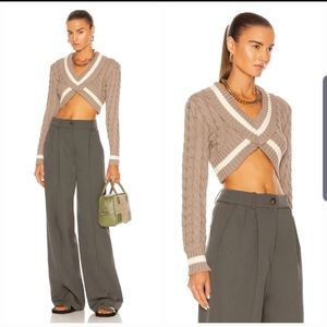 Emory Park V-Neck Cropped Cable Sweater Women's M Tan / White